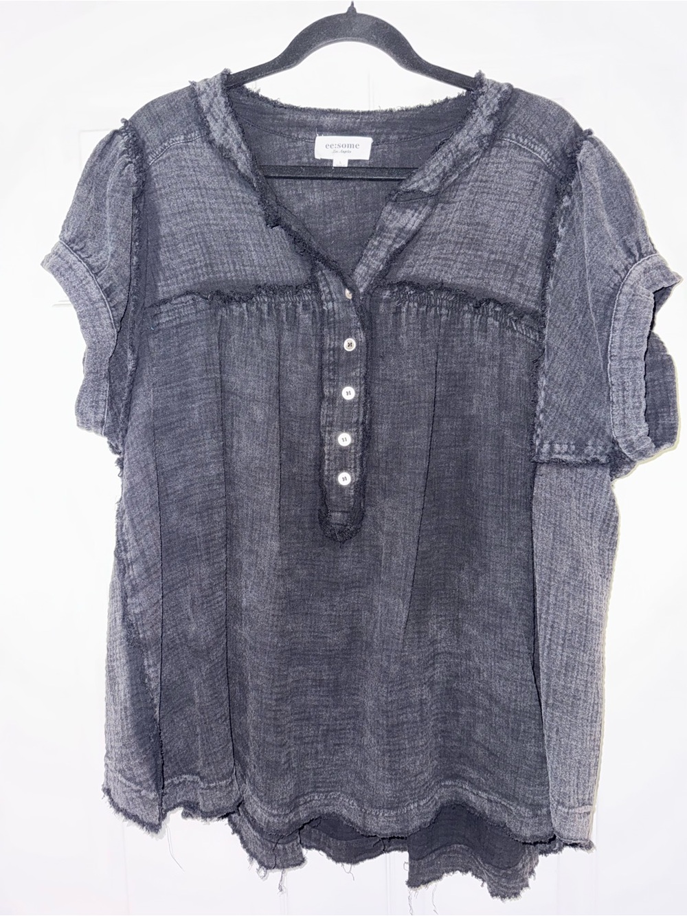 eesome Washed Black Short-Sleeve Button Henley